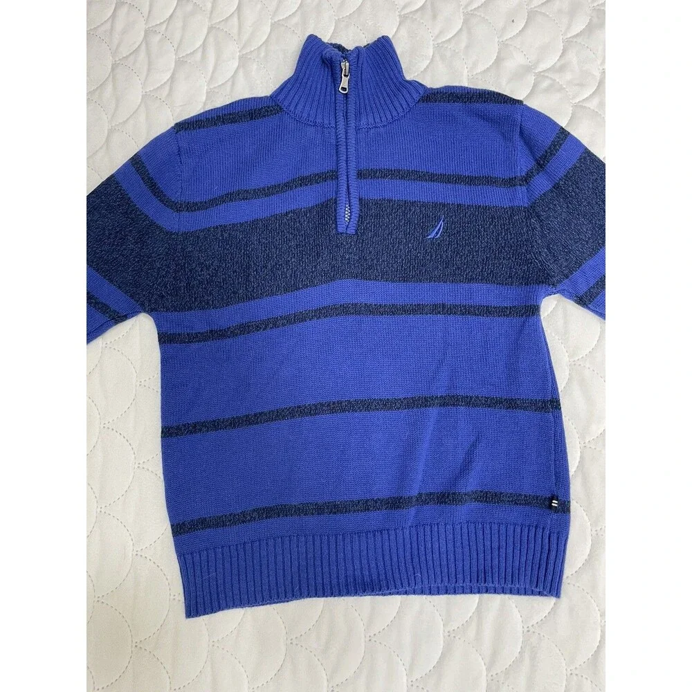 Nautica Boys Blue Striped Pullover Zip Neck Cotton Sweater - Size S 8 B19 - Picture 2 of 5